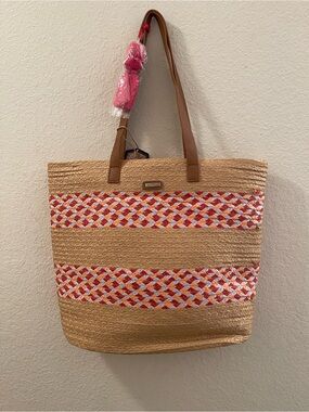 Sun ‘n Sand Woven Straw Tote Bag with Pink & Red Accent, nwt